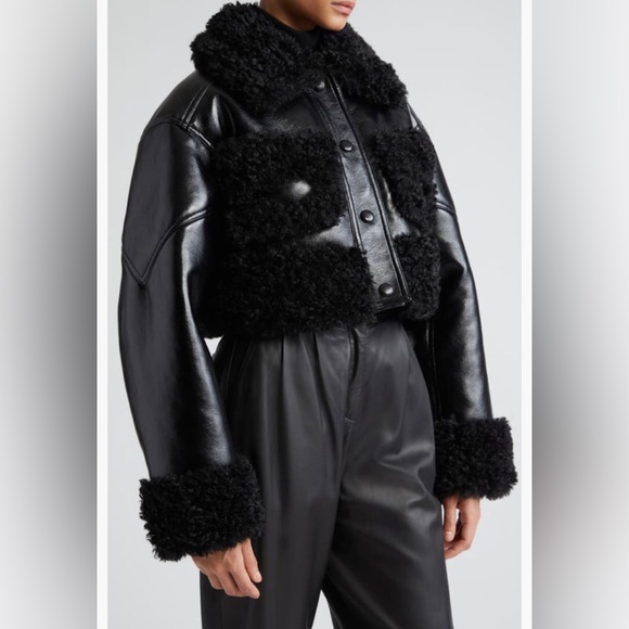 NWT $575 Stand Studio Fleur Faux Shearling Trim Crop Faux Leather Jacket - 2 US! - Picture 4 of 6